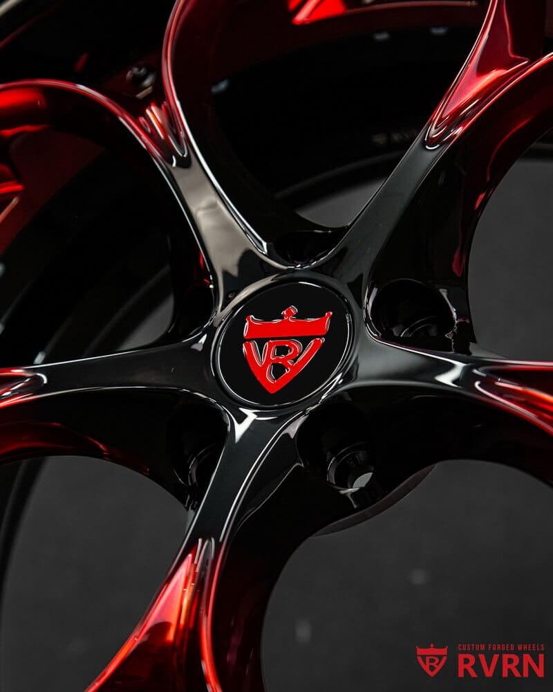 Installed red and black wheels on Corvette C8 Z51