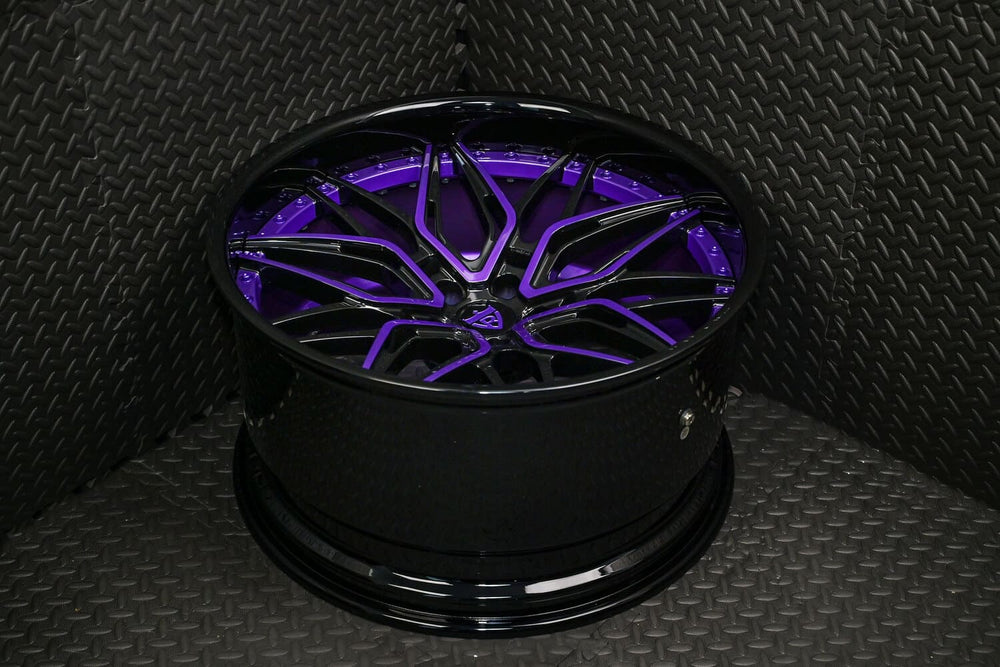 	Side profile of Dodge Charger 2023 with deep dish purple custom rims