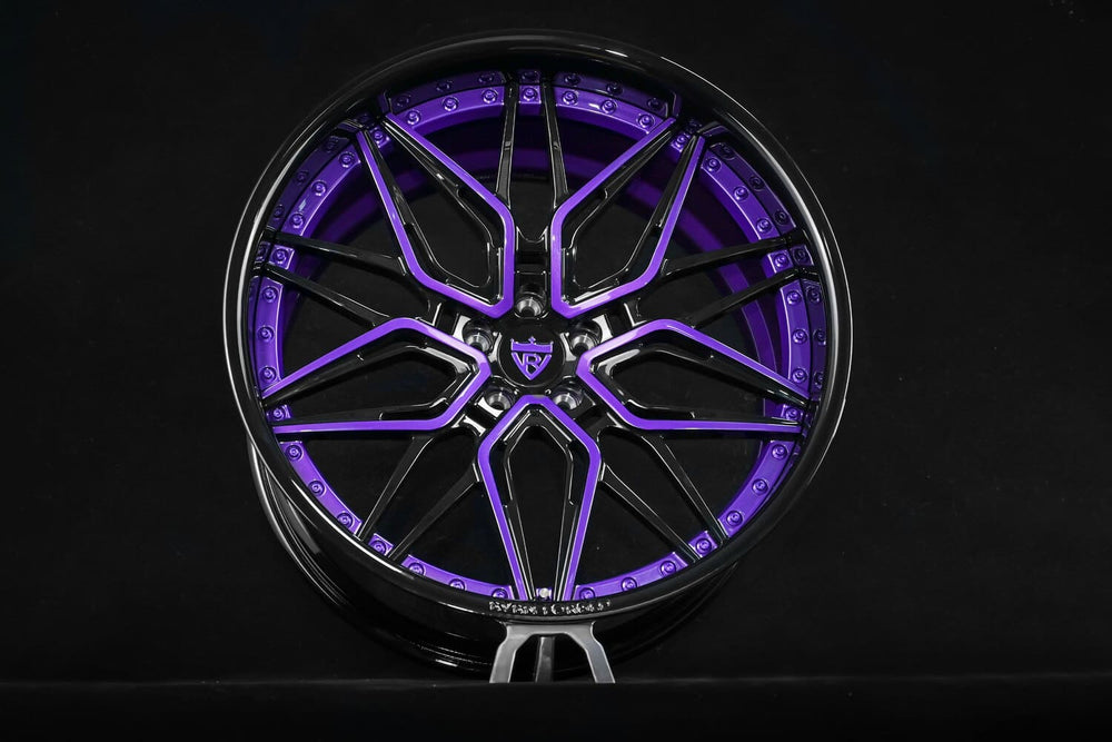 Street-style custom Dodge Charger with black and purple forged wheels