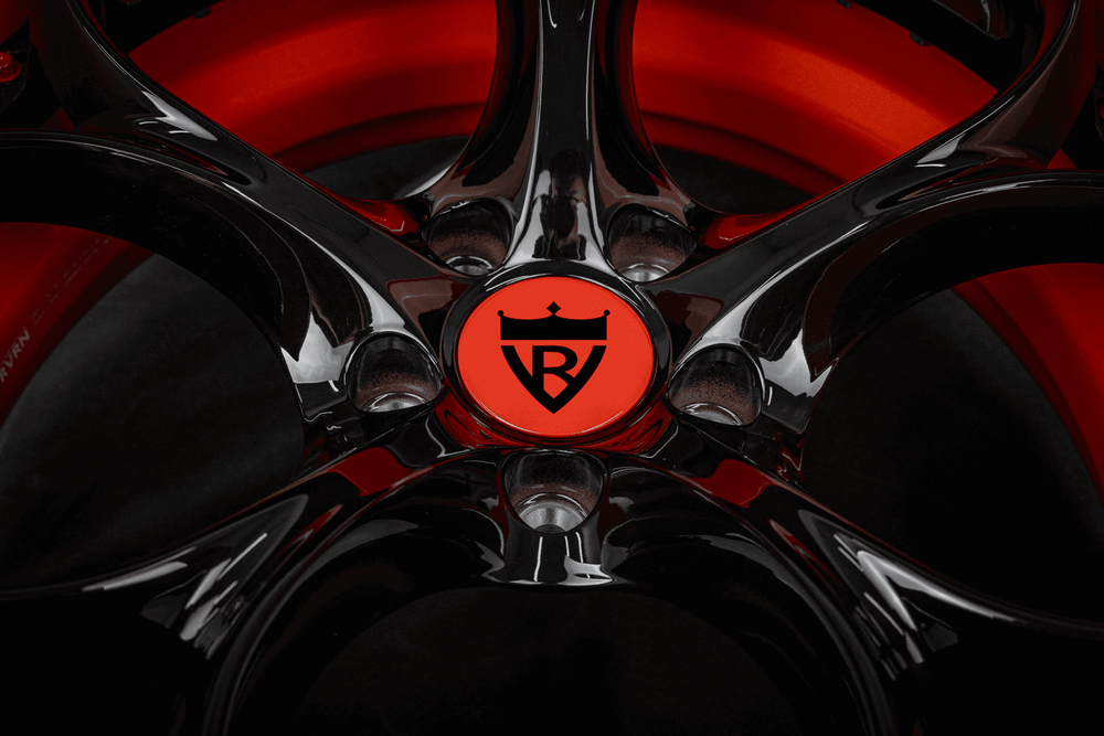 Close-up detail of deep dish construction on orange RVRN wheels