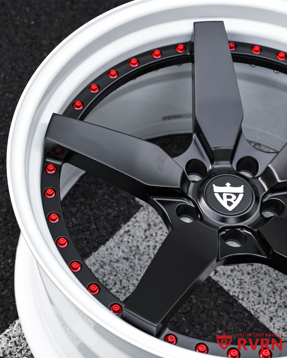 RVRN RV-DF14 5 spoke forged wheel close up for Dodge Durango Hellcat matte black spoke ivory white barrel