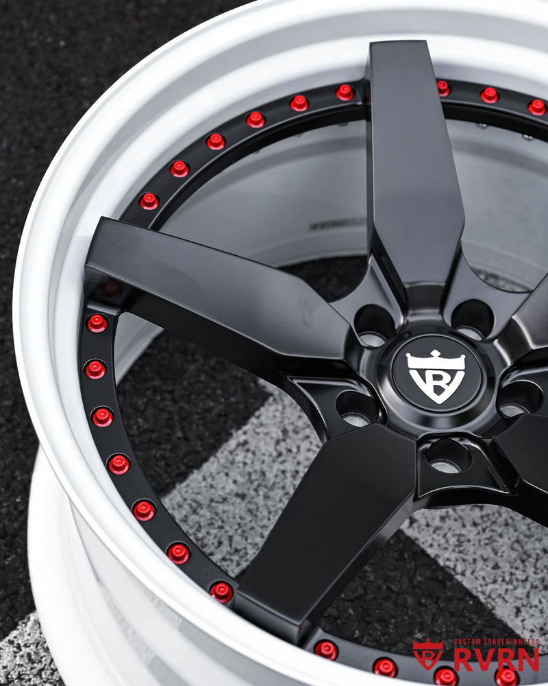 RVRN RV-DF14 5 spoke forged wheel close up for Dodge Durango Hellcat matte black spoke ivory white barrel