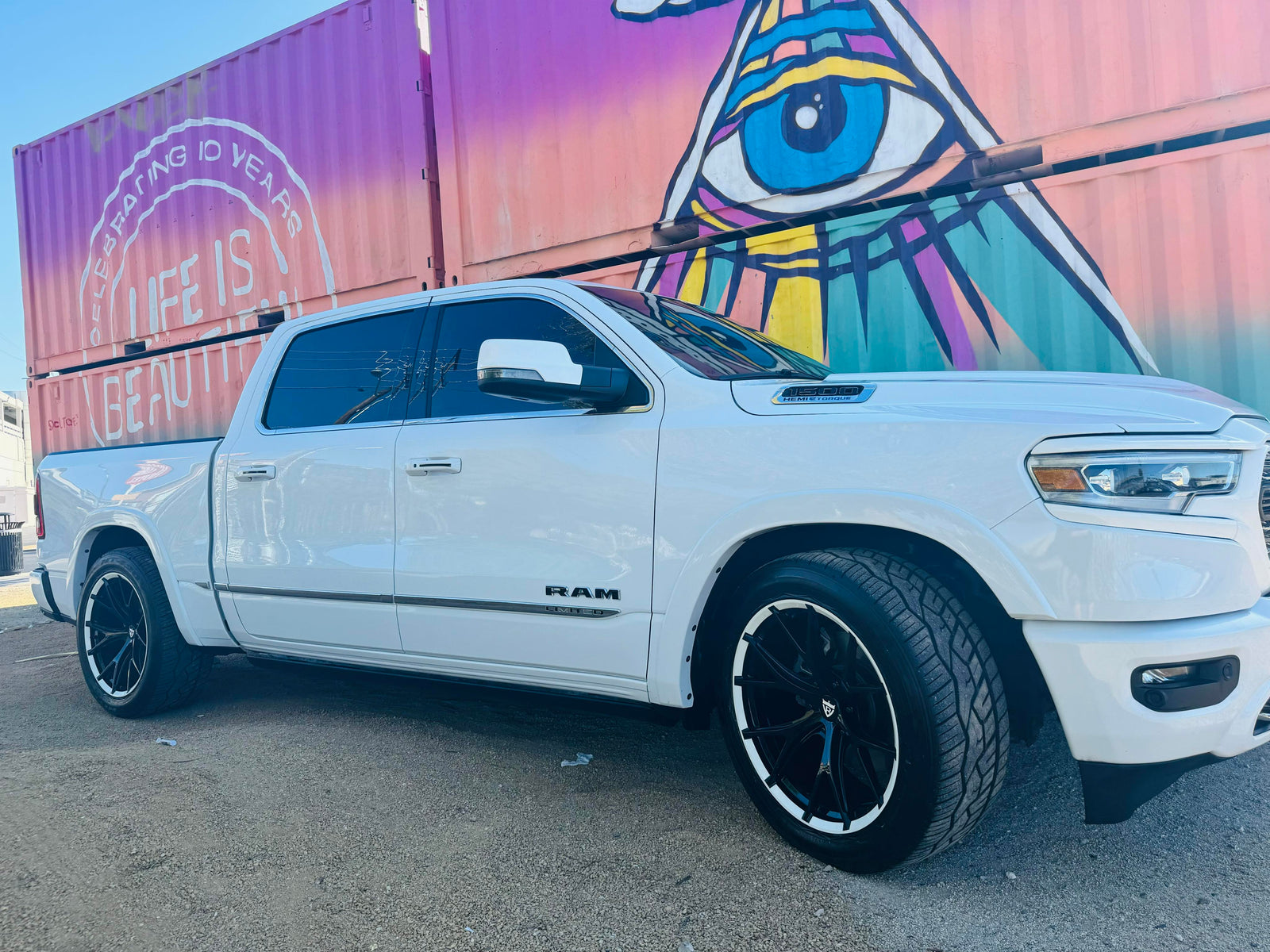 Rear view of 2023 Dodge Ram with custom 22x10 forged wheels