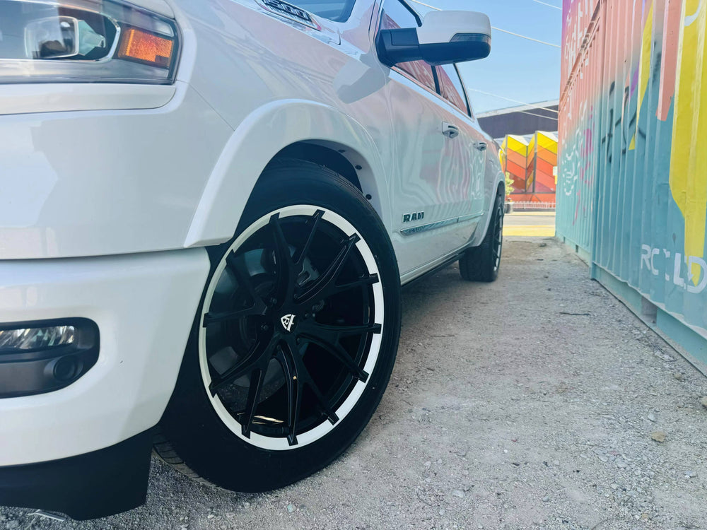 	Gloss black spoke close-up of forged Dodge Ram wheel