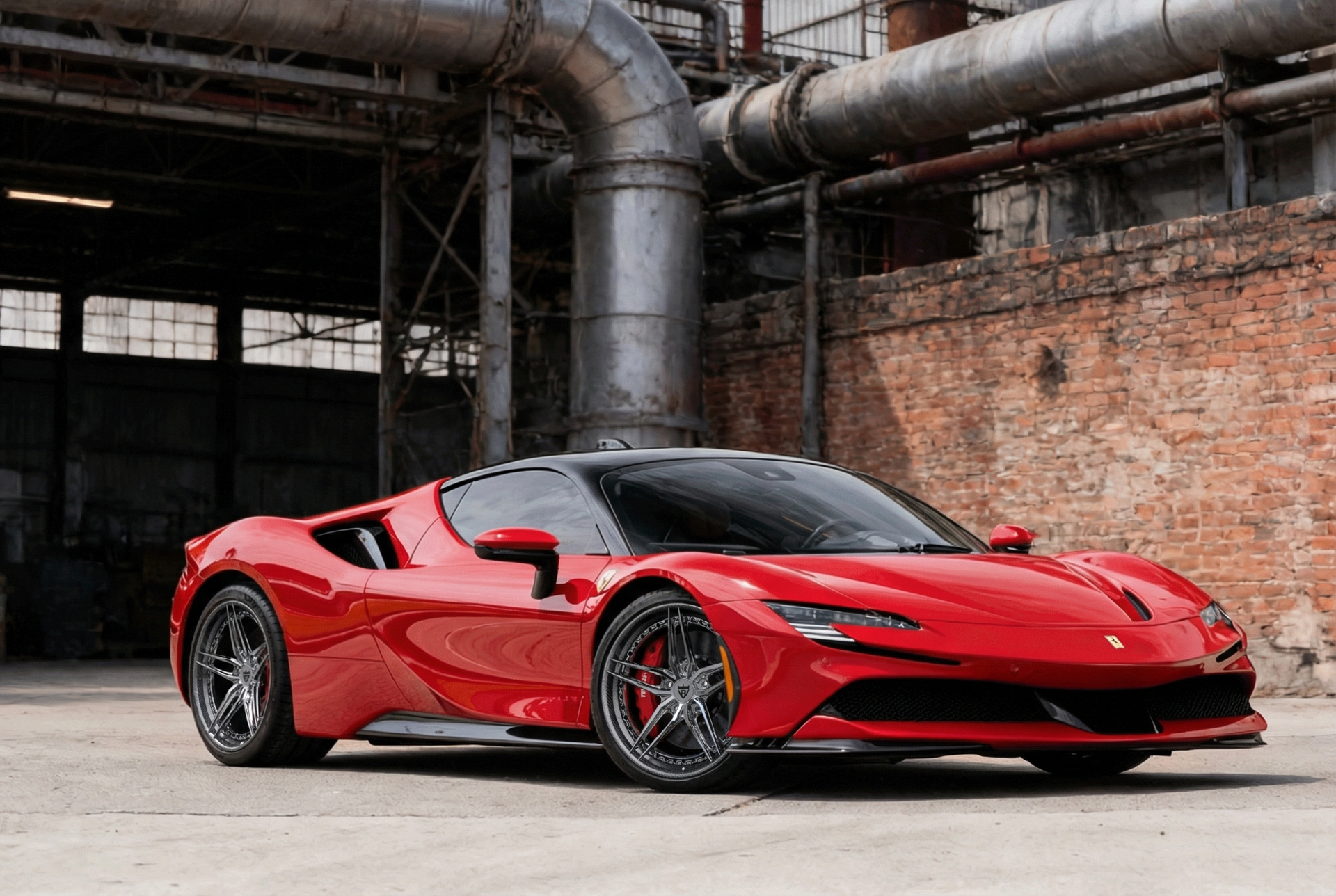 A bright red Ferrari sports car parked inside an industrial warehouse with exposed metal pipes and brick walls.