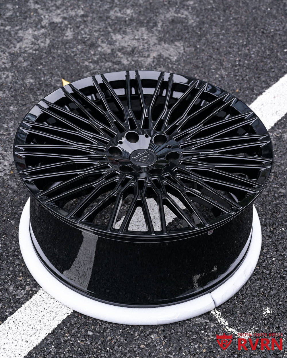 RVRN branded center cap on gloss black forged wheel for 2023 Shelby Super Snake.