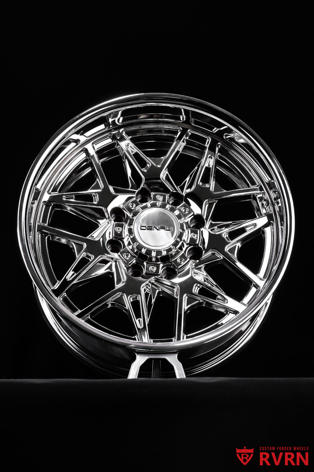 2023 GMC Sierra 2500HD Denali equipped with 20x10 -20MM RVRN forged wheels in an all chrome finish for a wider custom stance