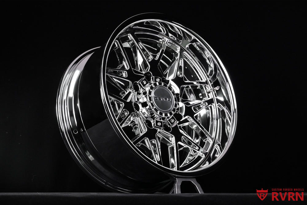 Side view of RV-DM23 deep dish wheels on a 2023 GMC Sierra 2500HD Denali, featuring Y spokes, chrome finish and 20x10 -20MM fitment