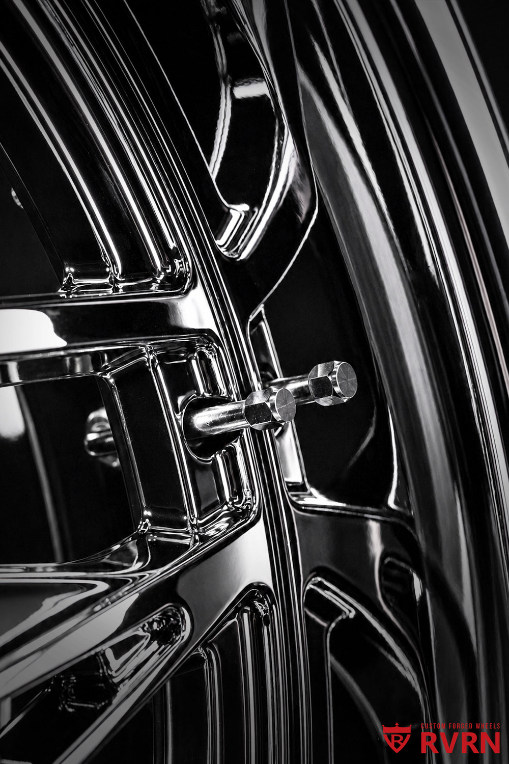 Close-up of RVRN RV-DM23 GMC Sierra forged wheels showing the Y spoke design, deep dish profile and all chrome finish in 20x10 -20MM