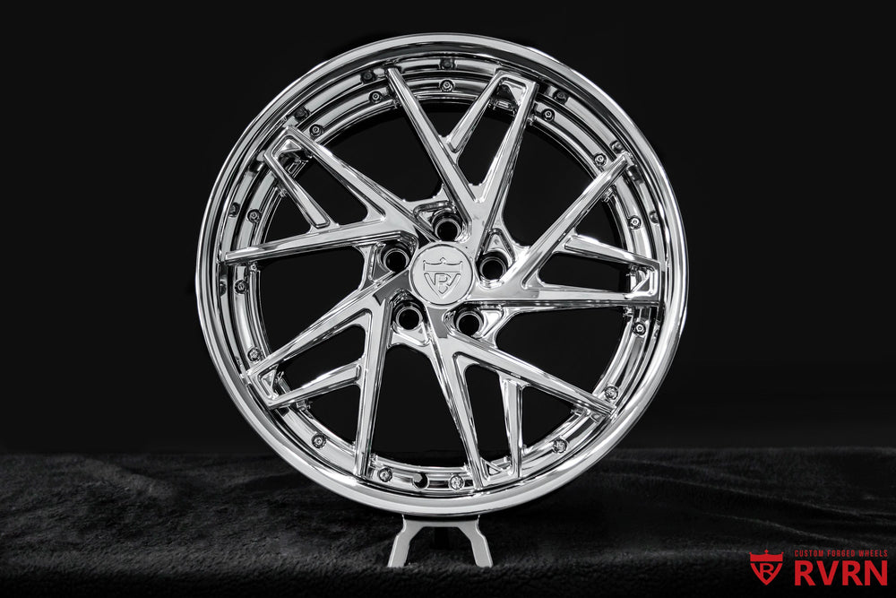 Close-up of RVRN RV-DS74 chrome forged wheels for a 2023 Lexus IS 500 F SPORT, featuring a directional design and staggered 19-inch fitment