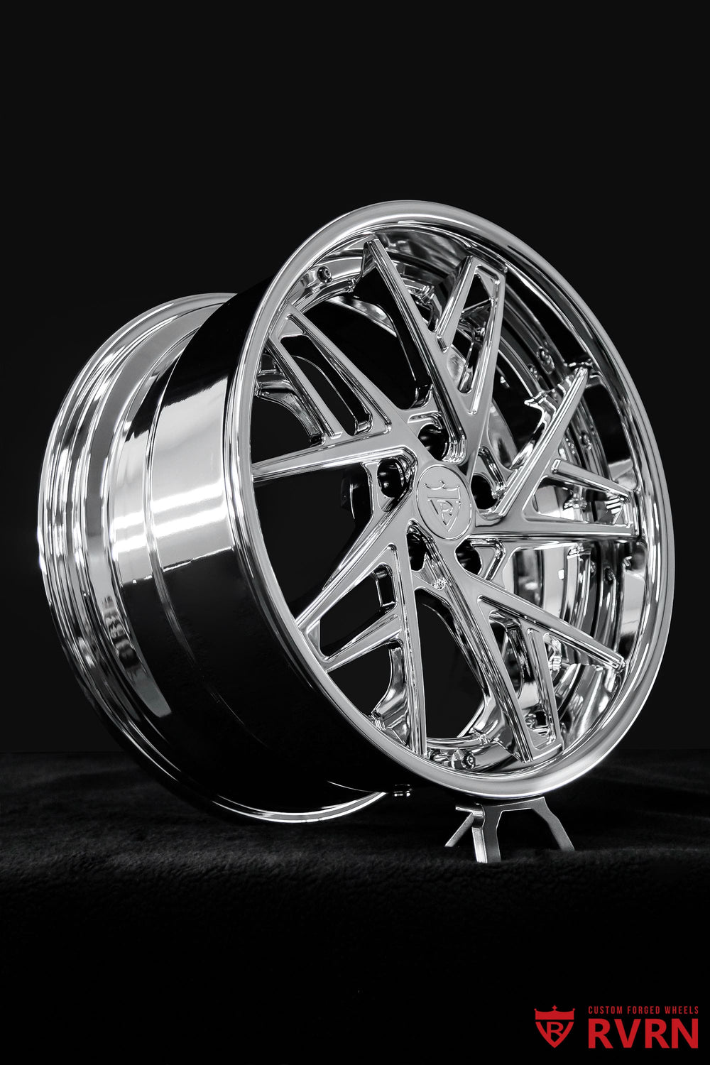 Front three-quarter view of a 2023 Lexus IS 500 F SPORT on RVRN RV-DS74 directional forged wheels in all chrome, 19x9 front and 19x10 rear