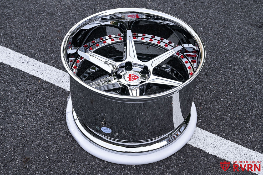 2023 Ford Mustang GT widebody with RVRN RV-DC19 chrome forged wheels, deep concave 2-piece setup