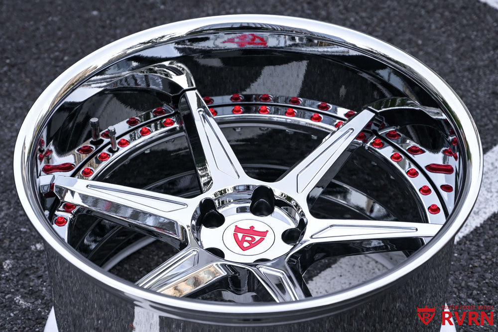Deep concave 2-piece forged chrome wheel close-up by RVRN Wheels