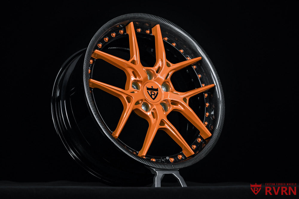 Bottom angle view of RV-DR08D 18x8.5 forged wheels, OEM brake clearance visible