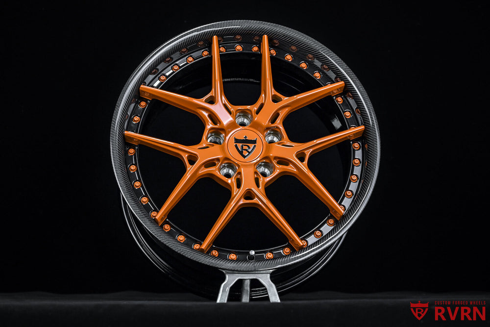Gloss black barrel detail of RV-DR08D forged wheels, OEM brake compatible for WRX