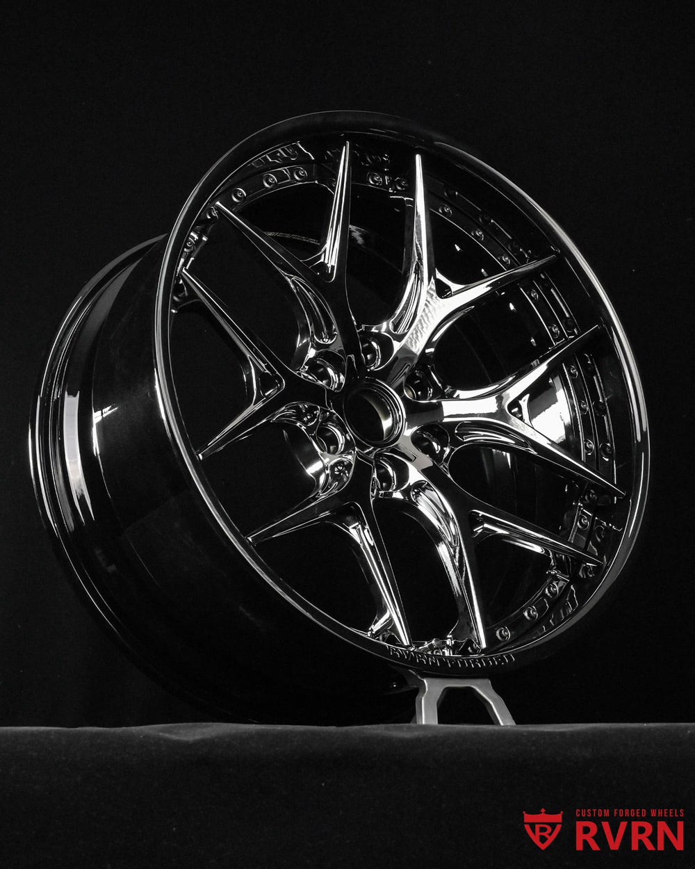 Black Cadillac wheels with black chrome spokes and precision forged construction for luxury SUV applications by RVRN Wheels