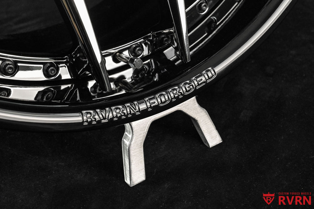 RVRN Wheels RV-DR08D Cadillac forged wheels for 2023 Cadillac Escalade V in 19x9.5 +38MM and 20x11 +40MM sizes with black chrome spokes and gloss black barrels