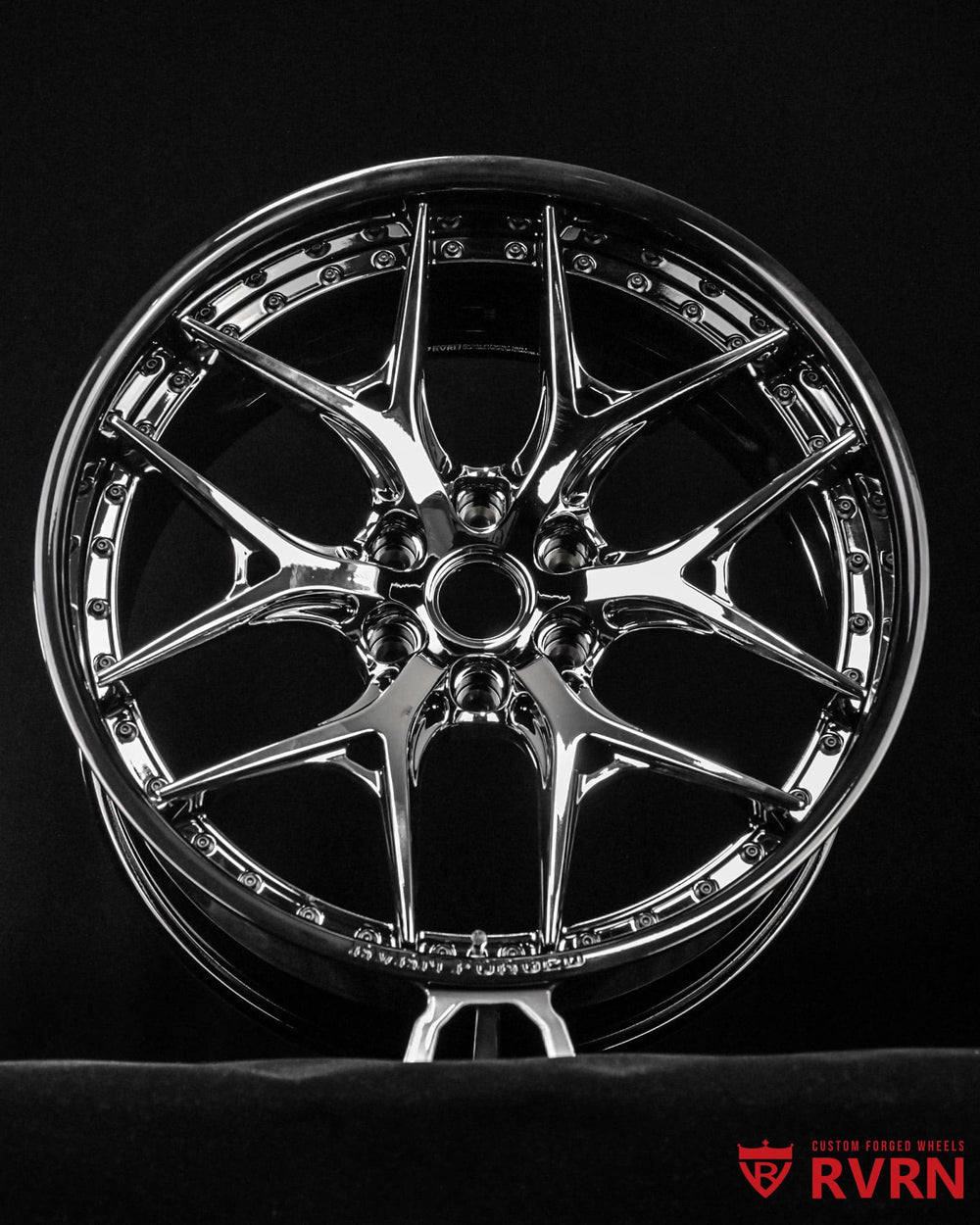 Close-up of gloss black barrel finish on RV-DR08D Cadillac forged wheels custom built for Cadillac Escalade V