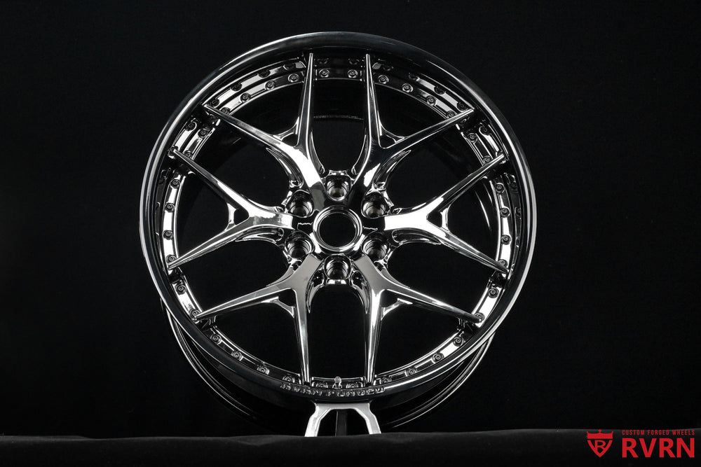 Custom Cadillac wheels RV-DR08D two-piece forged setup for Cadillac Escalade V featuring black chrome spokes and gloss black barrels from multiple angles