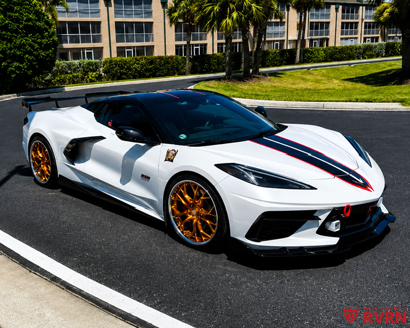 White 2023 Corvette C8 Z51 on RVRN RV-DR16 2-piece aggressive custom forged wheels in Brushed Copper Spoke with Chrome Barrel, flush fitment front three-quarter view.