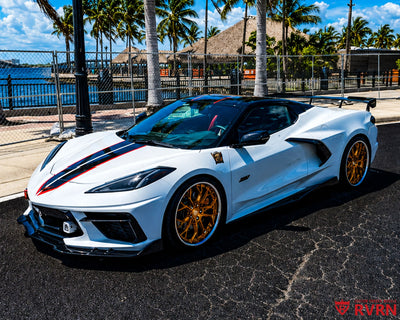 White 2023 Corvette C8 Z51 on RVRN RV-DR16 2-piece custom forged wheels in Brushed Copper with Chrome barrel, side profile showing the flush staggered stance.