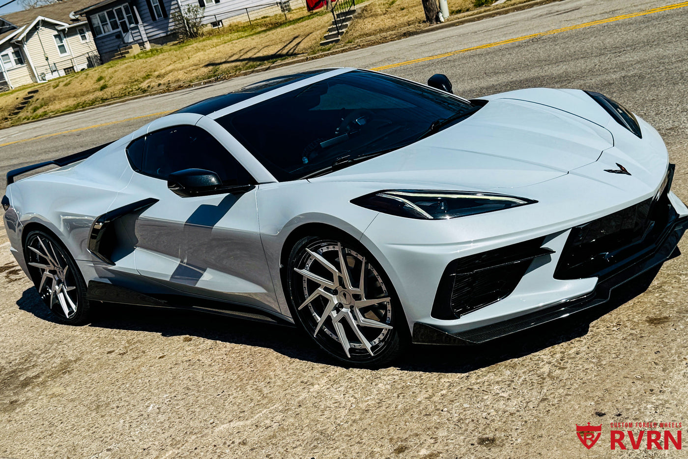2023 Corvette Stingray Z51 70th Anniversary on RVRN RV-DF041 custom forged 2-piece directional aggressive wheels with Corvette Silver Flare Metallic spokes and gloss black outer barrel.