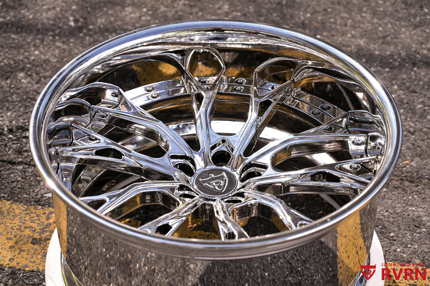 20" deep dish chrome wheels on Dodge Challenger Hellcat Widebody side view