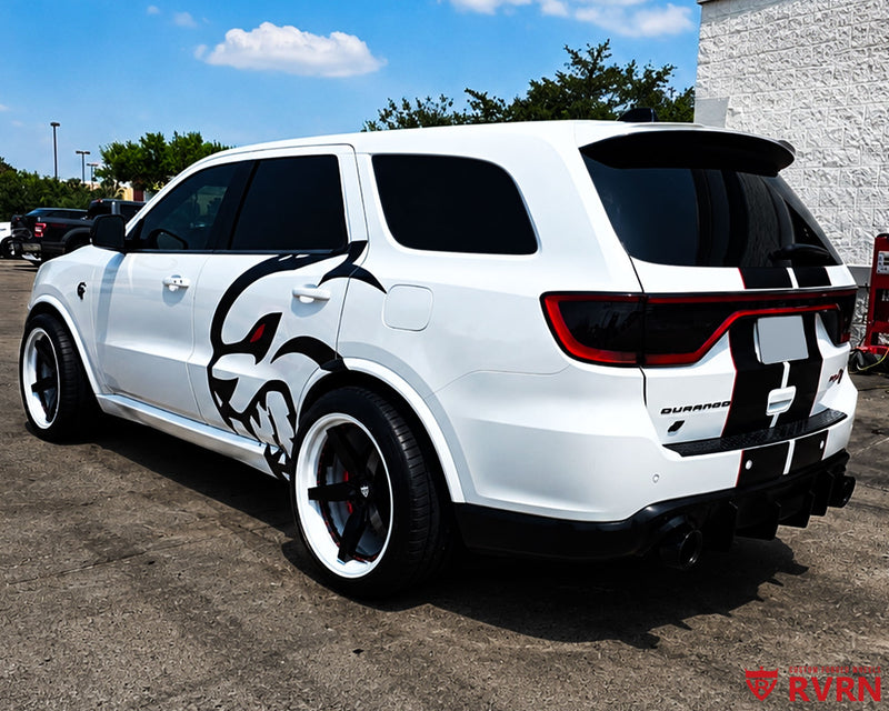 2023 Dodge Durango Hellcat on RVRN RV-DF14 custom forged wheels with ivory white barrels, rear three-quarter view showing the Hellcat graphic and widebody flares before install.