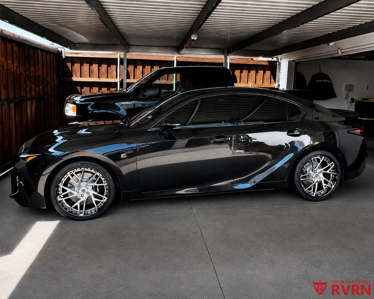 2023 Lexus IS 500 on RVRN RV-DS74 deep concave directional forged wheels with chrome spokes, gloss black barrels, and black screws.