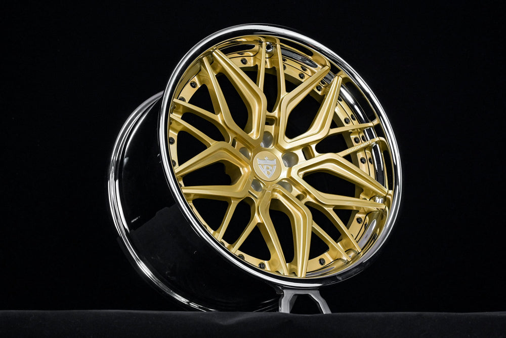 2024 BMW M4 with RV-DR19 20x10 Champagne Gold forged wheels and chrome barrel front angle view.