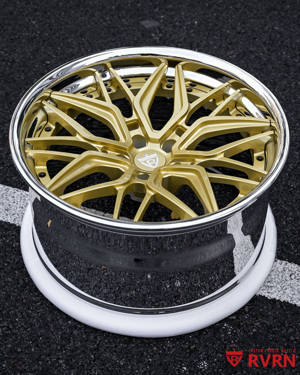 Side profile of BMW M4 20 inch forged wheels flush fitment in Champagne Gold and chrome barrel.