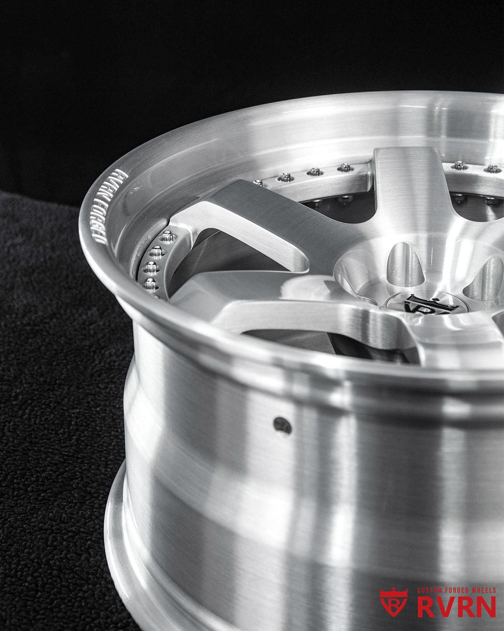 Brushed aluminum BMW M4 rear wheel 20x10.5, deep dish 6-spoke forged design by RVRN Wheels.