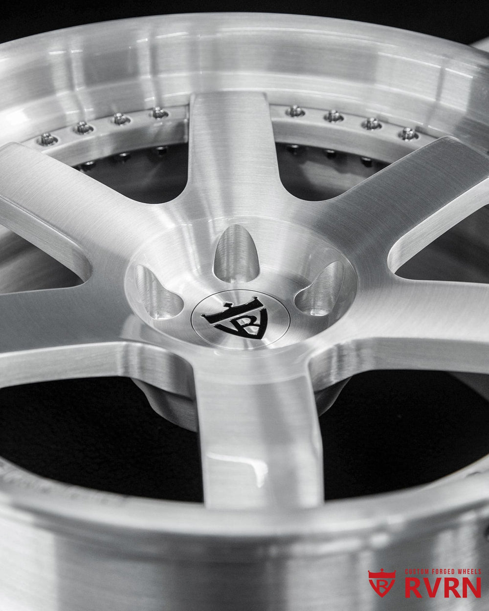 Chrome hardware detail on RV-DS01 custom forged 2-piece wheels for BMW M4.