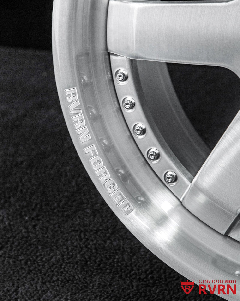 RV-DS01 custom forged 2-piece wheels for BMW M4, 20x10 front, brushed aluminum finish with chrome hardware, 6-spoke deep concave design.