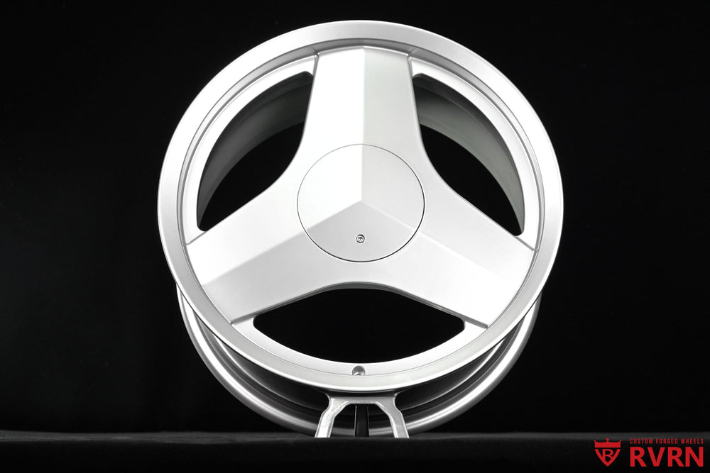 Custom Cadillac CT4 wheels with RVRN RV-MC33 one-piece forged construction and high gloss silver finish, 18x8 +35mm