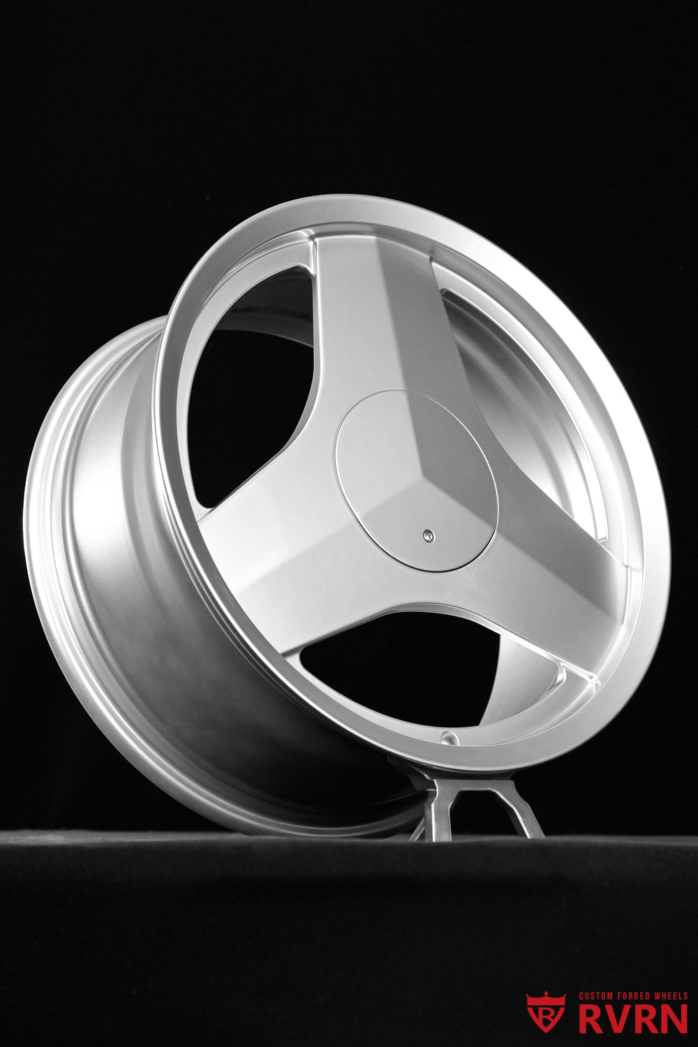 Close-up detail of RVRN RV-MC33 forged wheels on a Cadillac CT4 in high gloss silver, 18x8 +35mm fitment