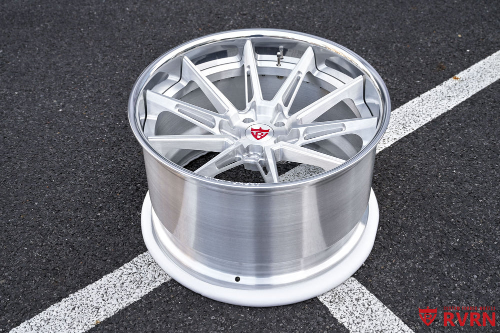 Corvette C8 wheels 20x10 21x13 forged setup front view, brushed aluminum spokes polished lip design your own wheels