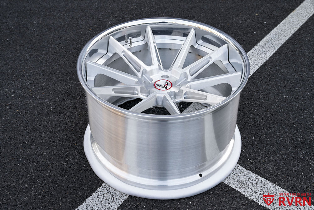 custom C8 wheels angled view brushed aluminum spoke and polished lip 20x10 21x13 forged wheels