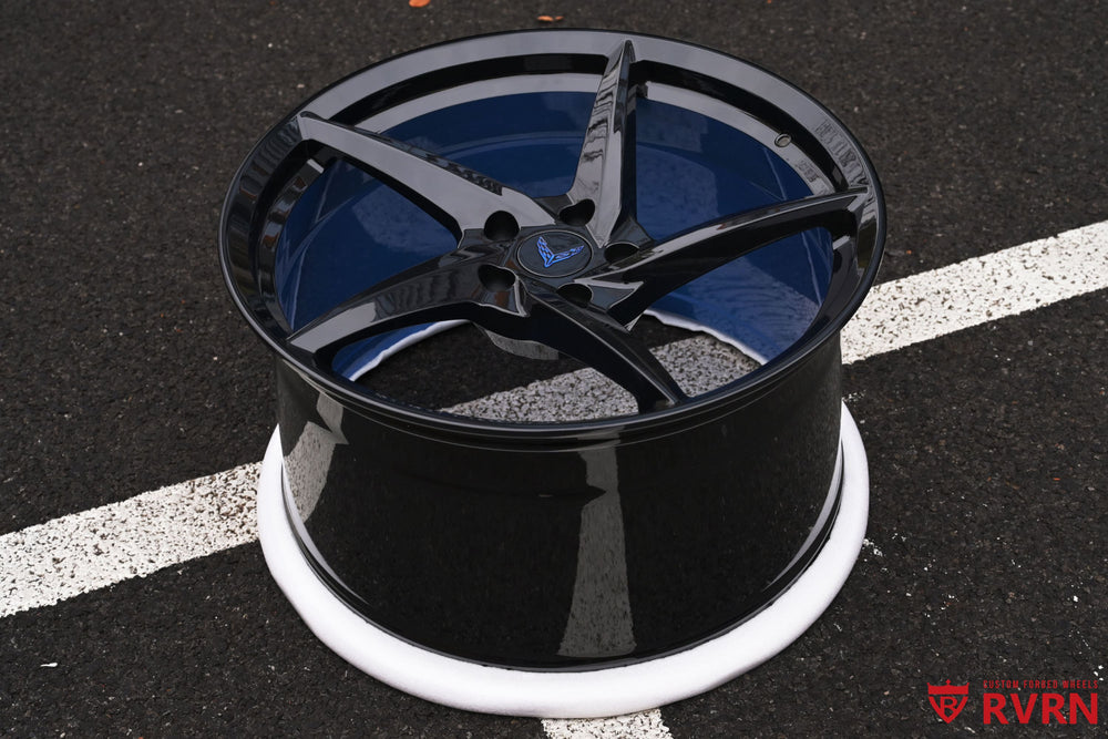 Gloss Black RV-MC35 monoblock forged wheels with Riptide Blue inner barrel on C8 Corvette Z51, custom color forged wheels
