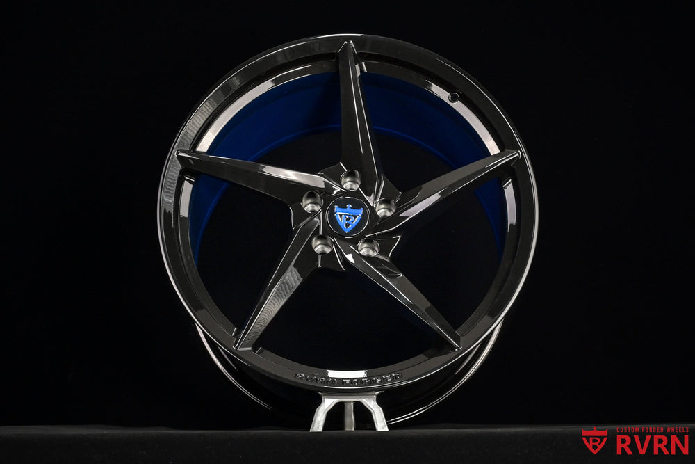 Gloss Black spokes with Blue inner barrel forged wheels matched to C8 Corvette body color, custom forged wheels for C8