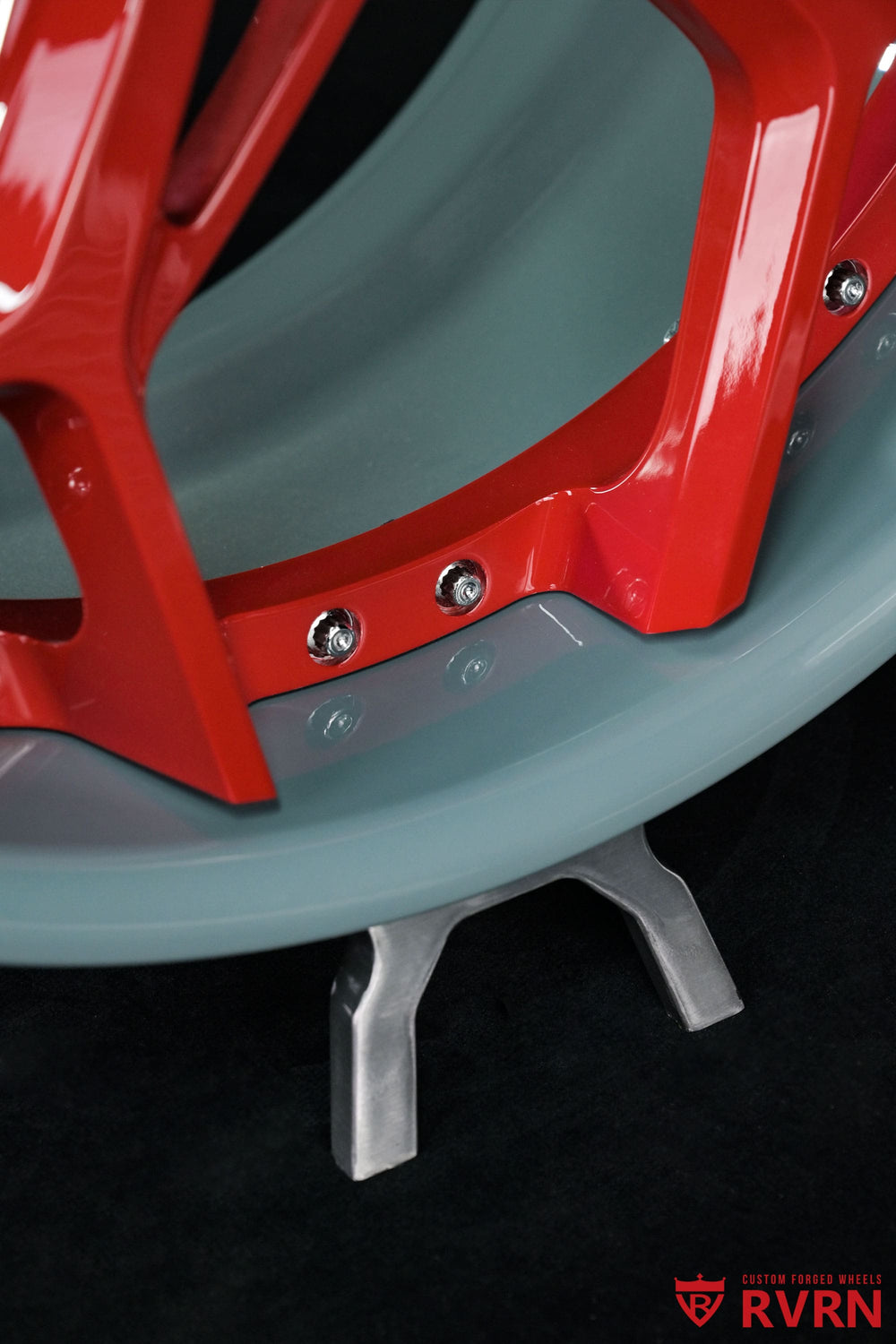 Detailed view of custom C8 Stingray wheels with RVRN RV-DV03 Y-spoke forged wheel design and two-tone finish
