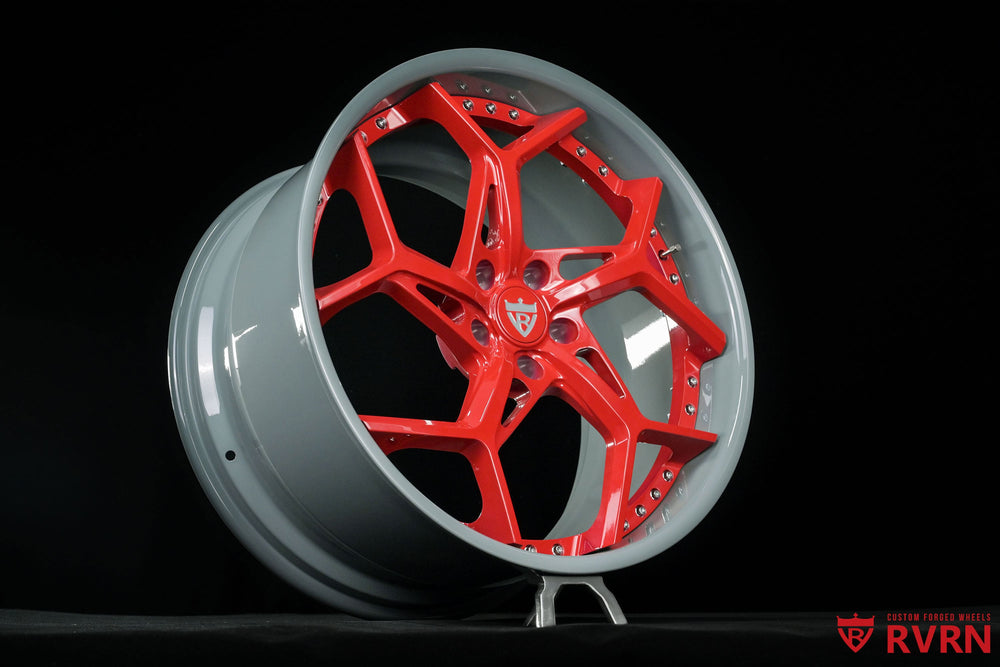 Side-angle view of RVRN RV-DV03 Y-spoke wheels for a 2024 Corvette C8 Stingray, sized 21x9 +35MM and 22x12 +52MM