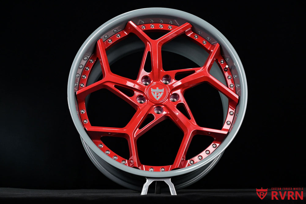 RVRN RV-DV03 22x12 +52MM rear Corvette C8 forged wheel with Y-spoke design and custom Sea Wolf Gray and Gloss Red finish