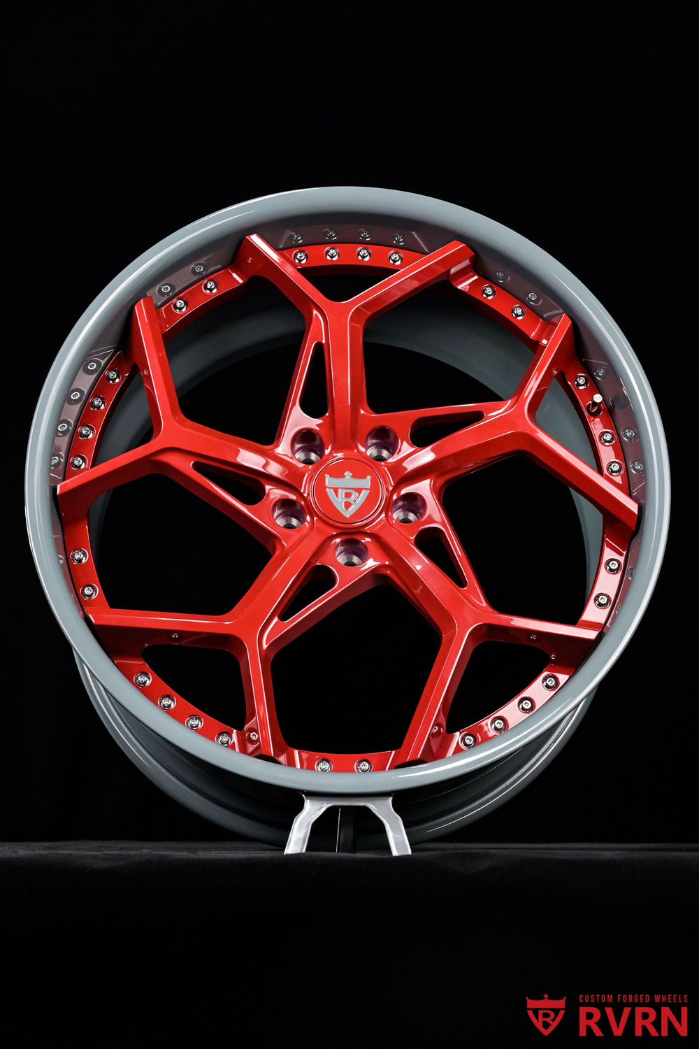 Close-up of Corvette C8 wheels featuring RV-DV03 Y-spoke forged design with Gloss Red spokes and custom 21x9 +35MM fitment