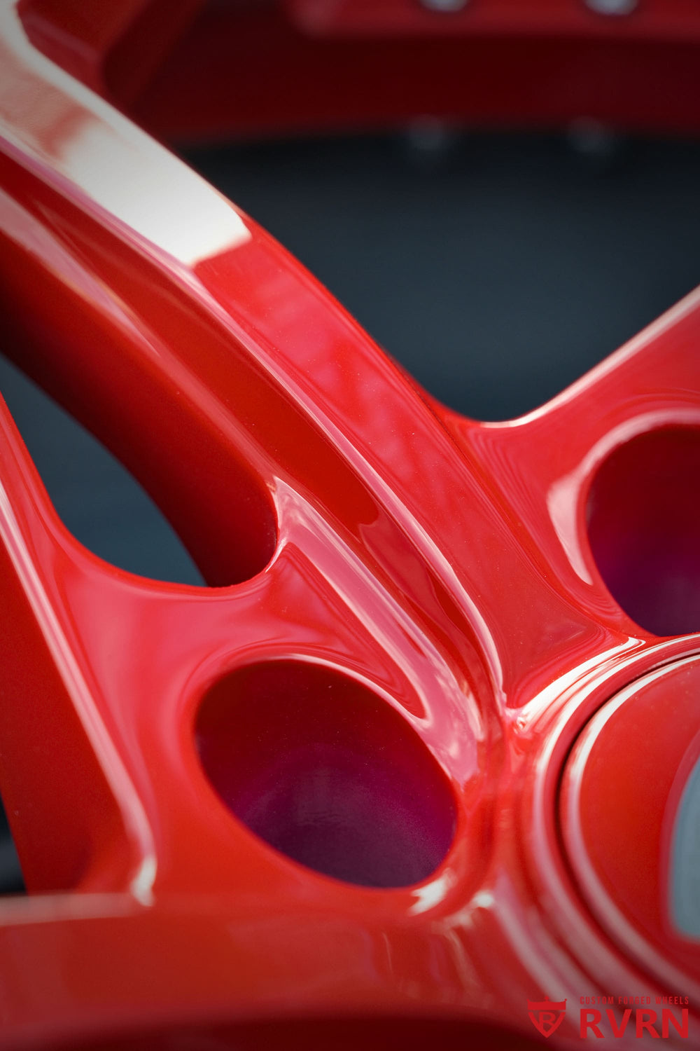 Close-up detail of Gloss Red spokes on RVRN RV-DV03 forged wheels designed for the 2024 Corvette C8 Stingray