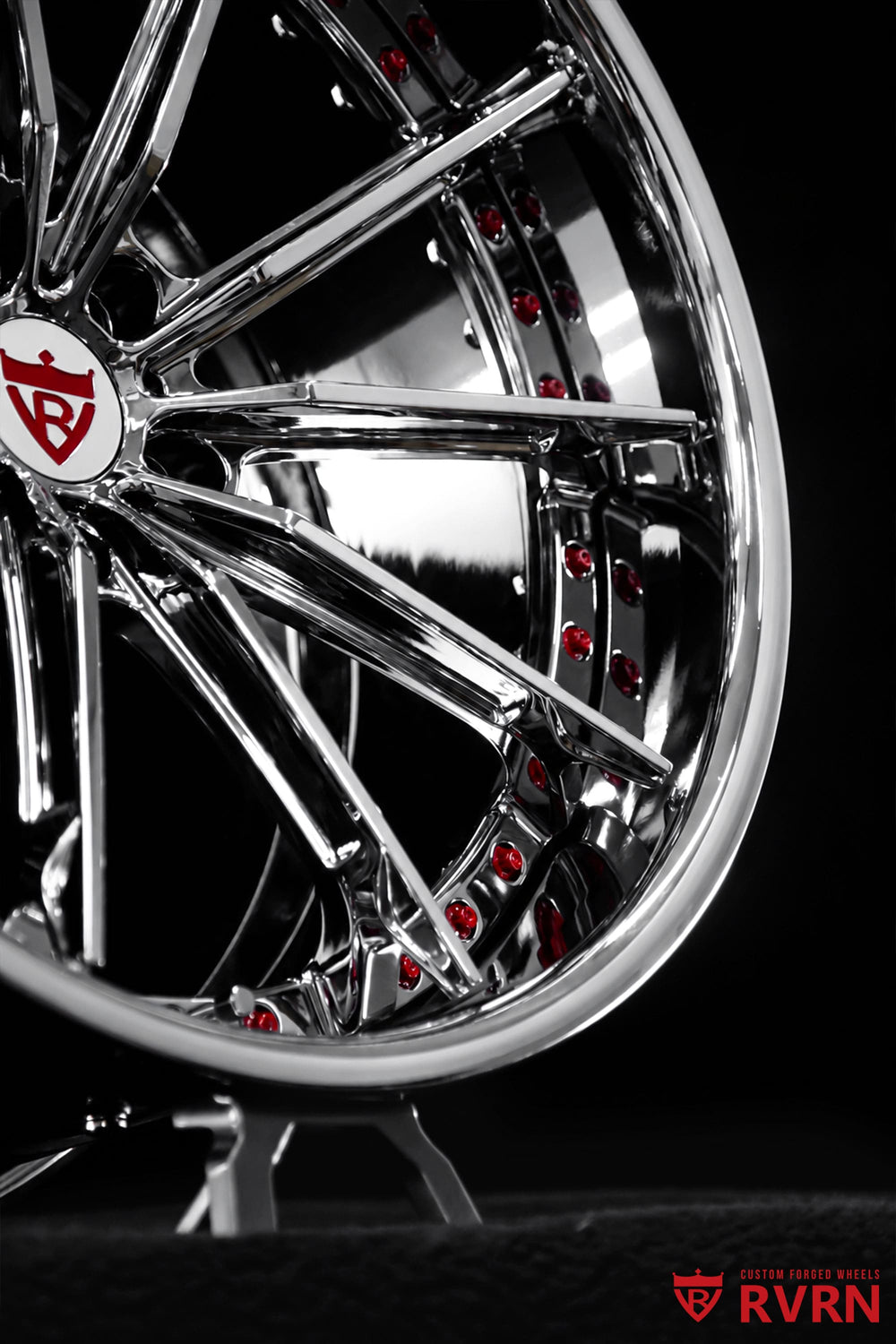 Close-up detail of RVRN RV-DC29 Corvette C8 forged wheels showing deep concave spoke design and precision 2-piece wheel construction.
