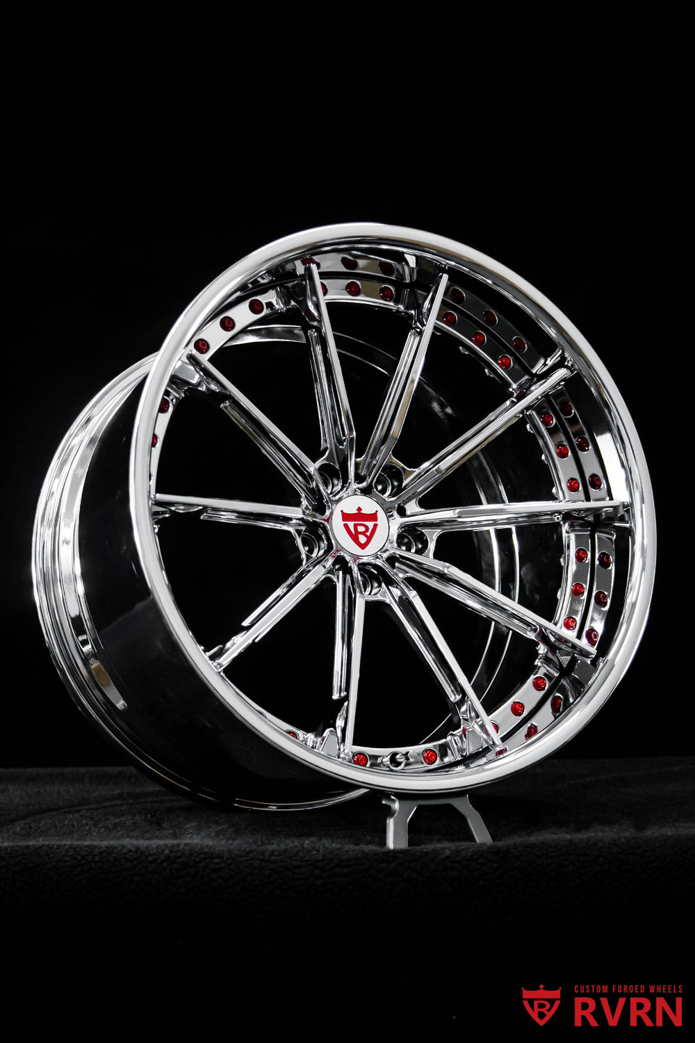 Complete RV-DC29 chrome wheel set for Corvette C8 Z06 featuring custom 2-piece forged construction, 20x10 and 21x13 staggered sizing.