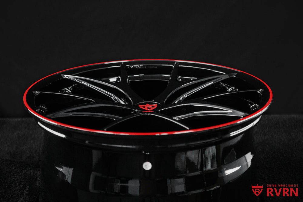 Side profile showing Corvette C8 wheels with flush fitment, custom forged RV-MR05 Y-spoke design in 20x10 +27 and 21x13 +27 specifications.