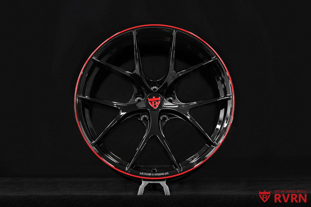 Close-up of the Gloss Black barrel, Gloss Black spokes and Gloss Red trim on RVRN RV-MR05 forged Corvette C8 wheels designed for a 2024 C8 Z06