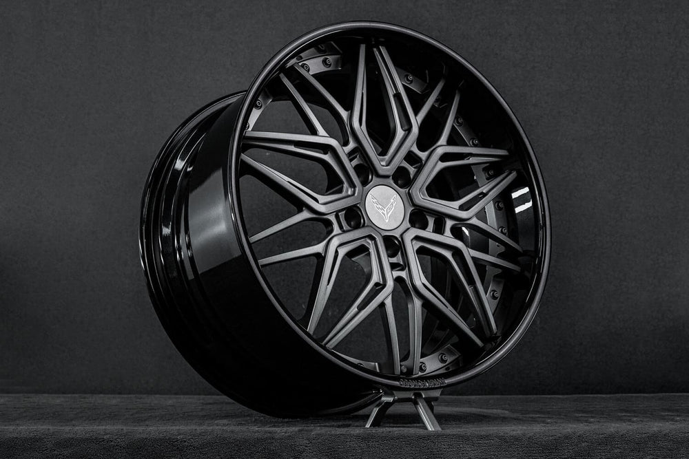 Matte Gunmetal mesh RVRN RV-T081 forged wheel standing in the studio, custom wheels for the 2024 Corvette C8 Z51